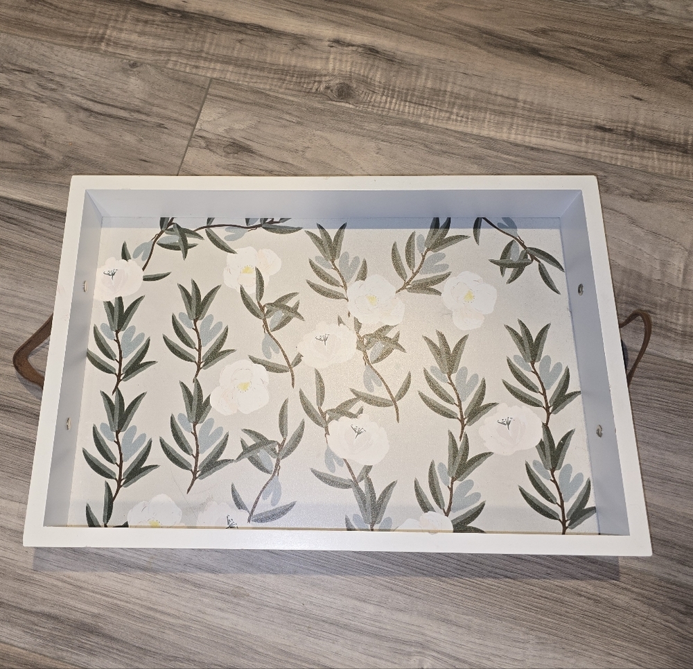White Floral Botanical Wooden Serving Tray with Faux Leather Handles 16x10.5